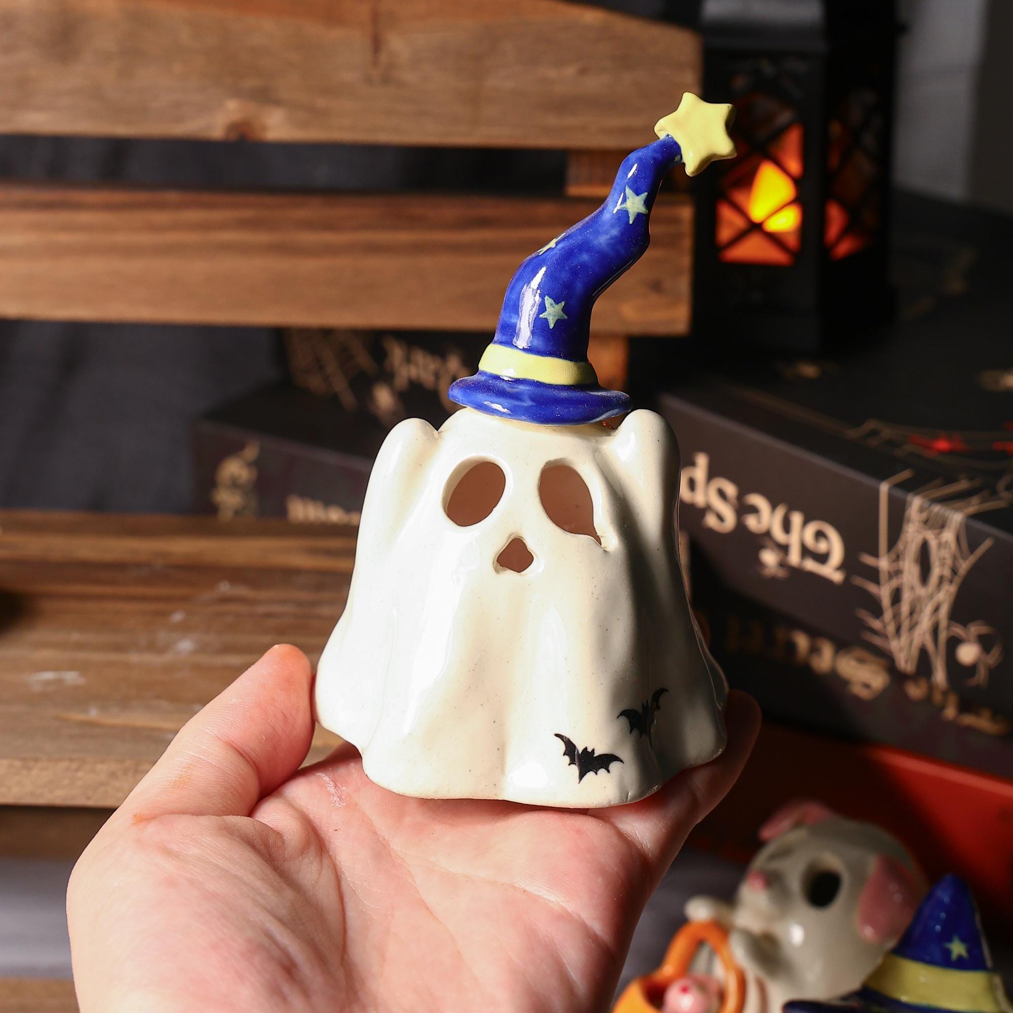 Handmade Wizard Hat Ceramic Ghost Incense Holder Candle Holder Halloween Gift Miniature Pottery Gift Incense Burner Spooky Tea Light Holder