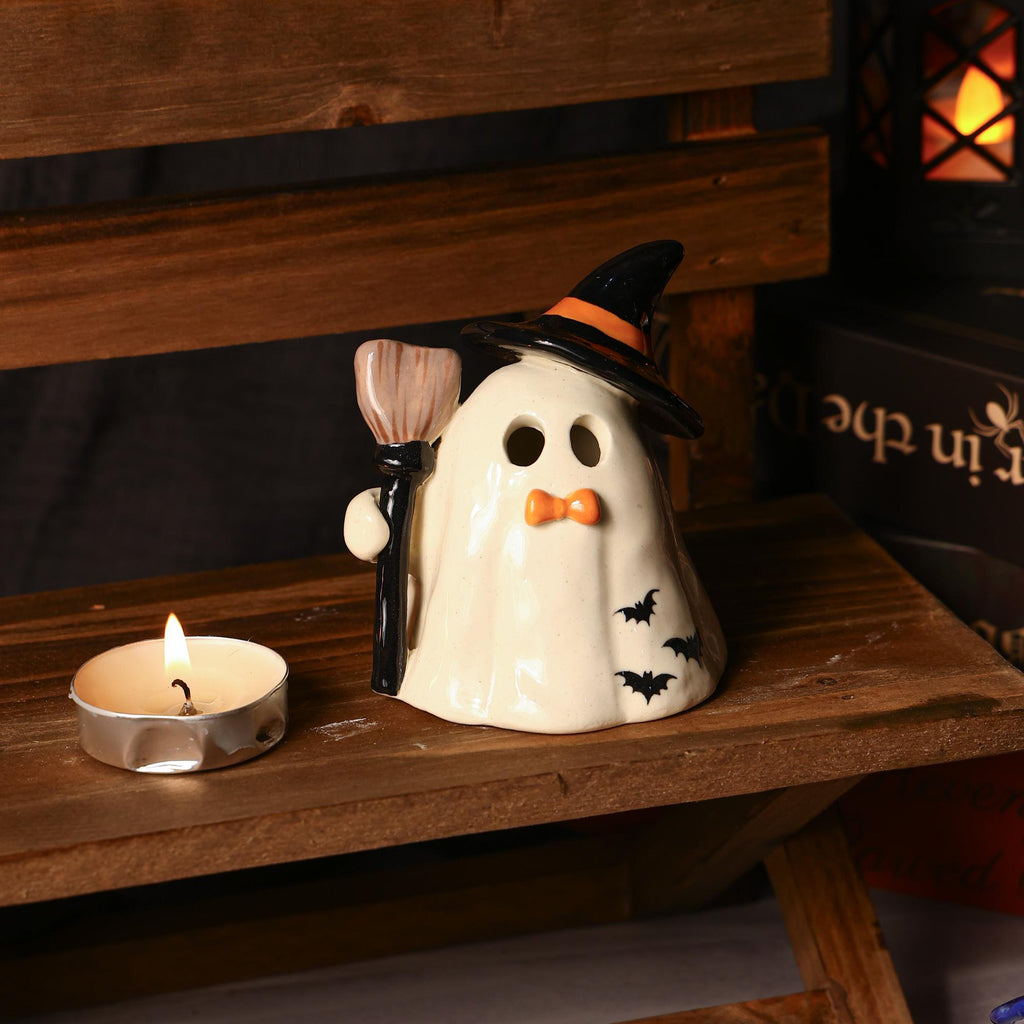 Hand Painted Witch Ghost Ceramic Figurine Tea Light Holder Halloween Candle Holder Unique Gift Table Decor Incense Burner Spooky Decoration