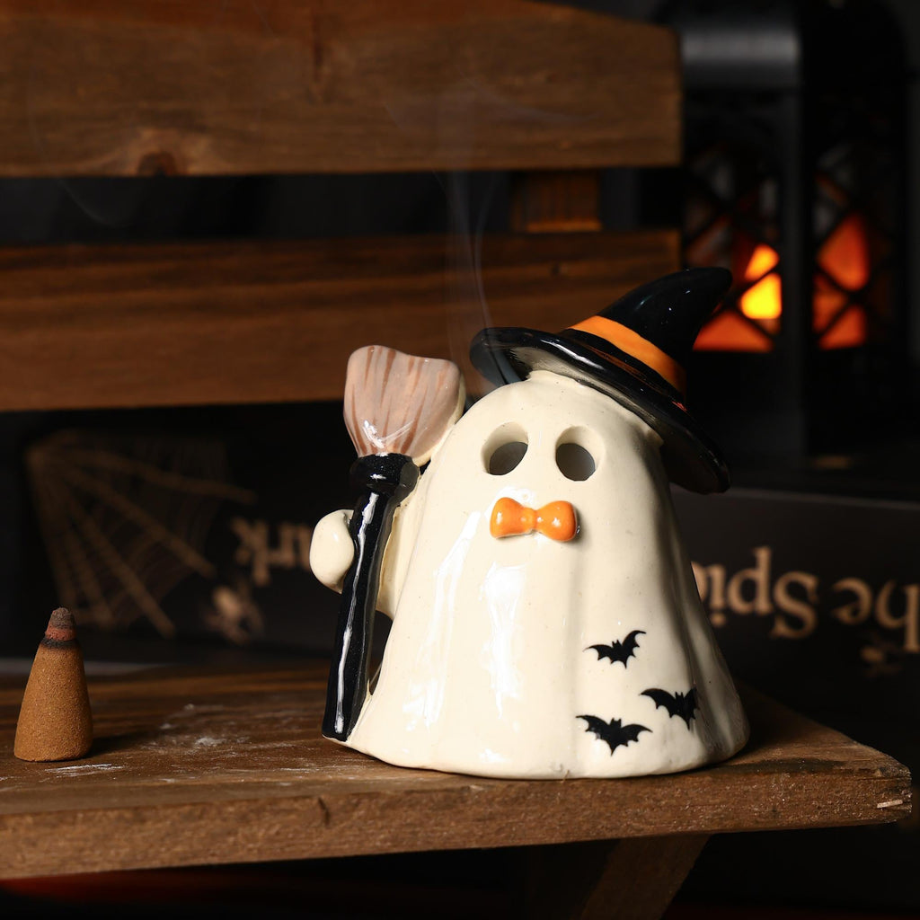 Hand Painted Witch Ghost Ceramic Figurine Tea Light Holder Halloween Candle Holder Unique Gift Table Decor Incense Burner Spooky Decoration