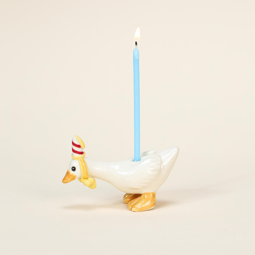 Party Hat Ceramic Goose Cake Topper Handmade Porcelain Figurine Camp Hollow Birthday Candle Holder Cute Party Decoration Collectible Gift