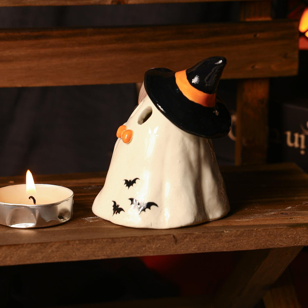 Hand Painted Witch Ghost Ceramic Figurine Tea Light Holder Halloween Candle Holder Unique Gift Table Decor Incense Burner Spooky Decoration