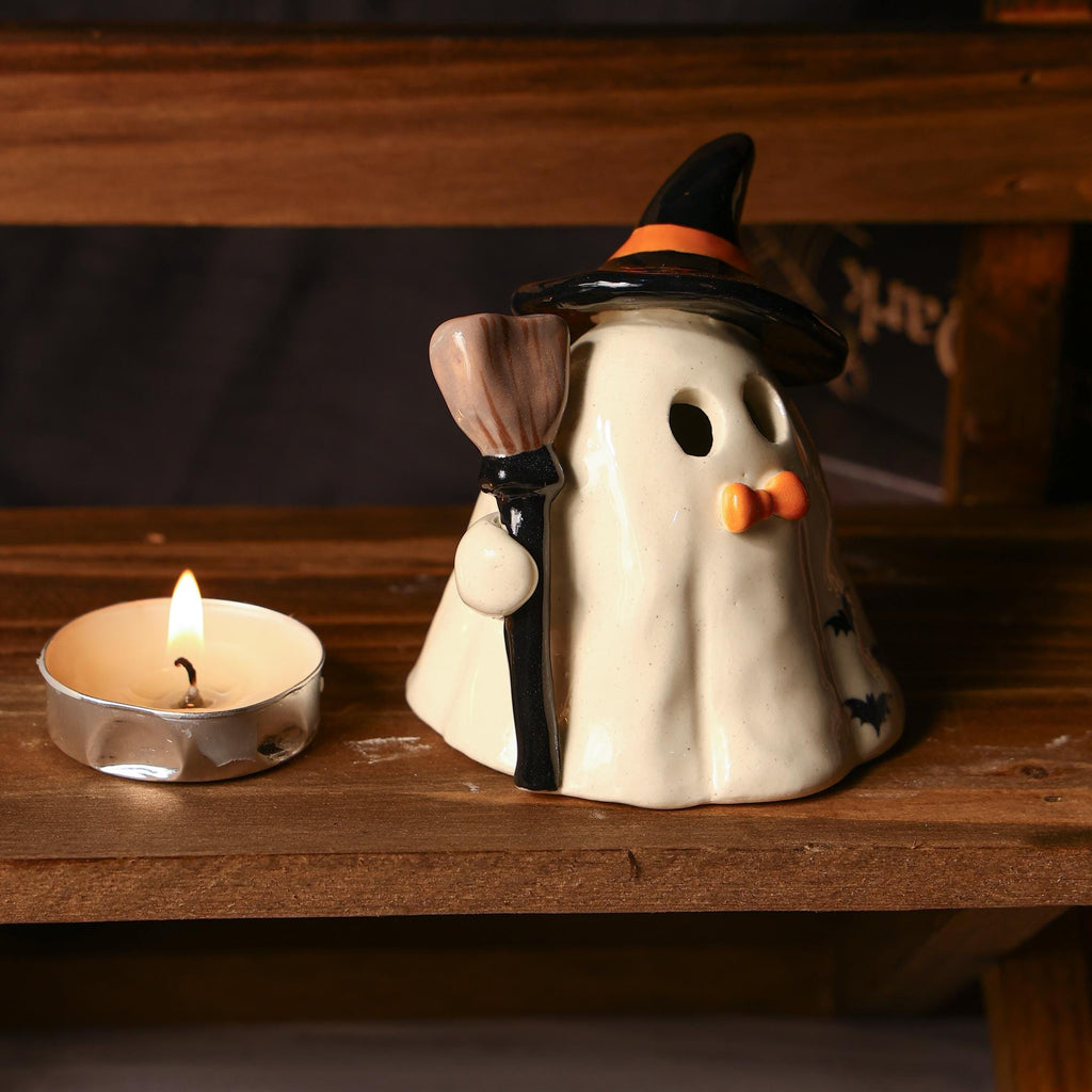 Hand Painted Witch Ghost Ceramic Figurine Tea Light Holder Halloween Candle Holder Unique Gift Table Decor Incense Burner Spooky Decoration