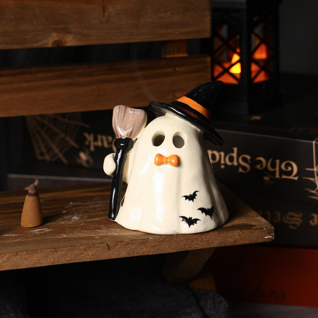 Hand Painted Witch Ghost Ceramic Figurine Tea Light Holder Halloween Candle Holder Unique Gift Table Decor Incense Burner Spooky Decoration