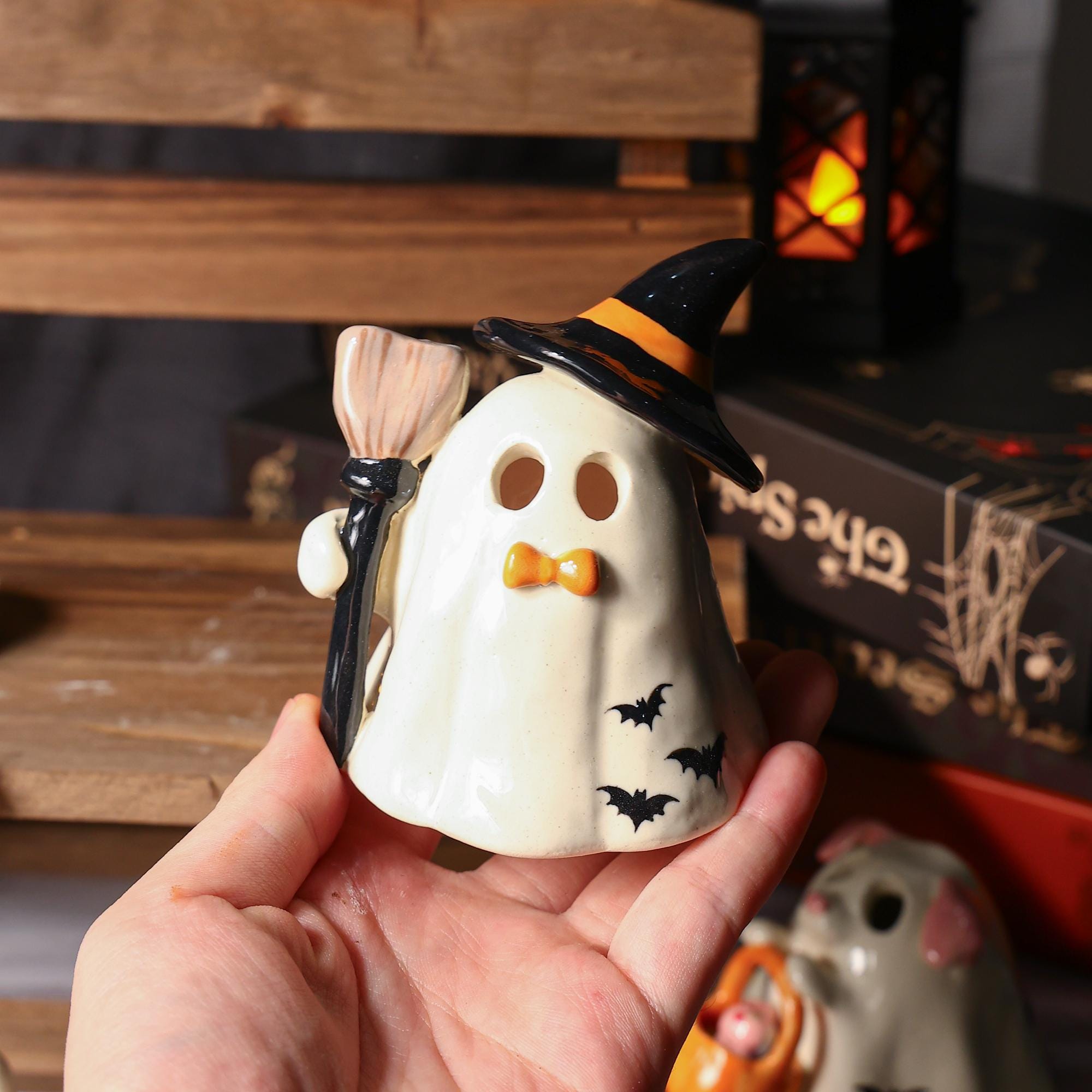 Hand Painted Witch Ghost Ceramic Figurine Tea Light Holder Halloween Candle Holder Unique Gift Table Decor Incense Burner Spooky Decoration