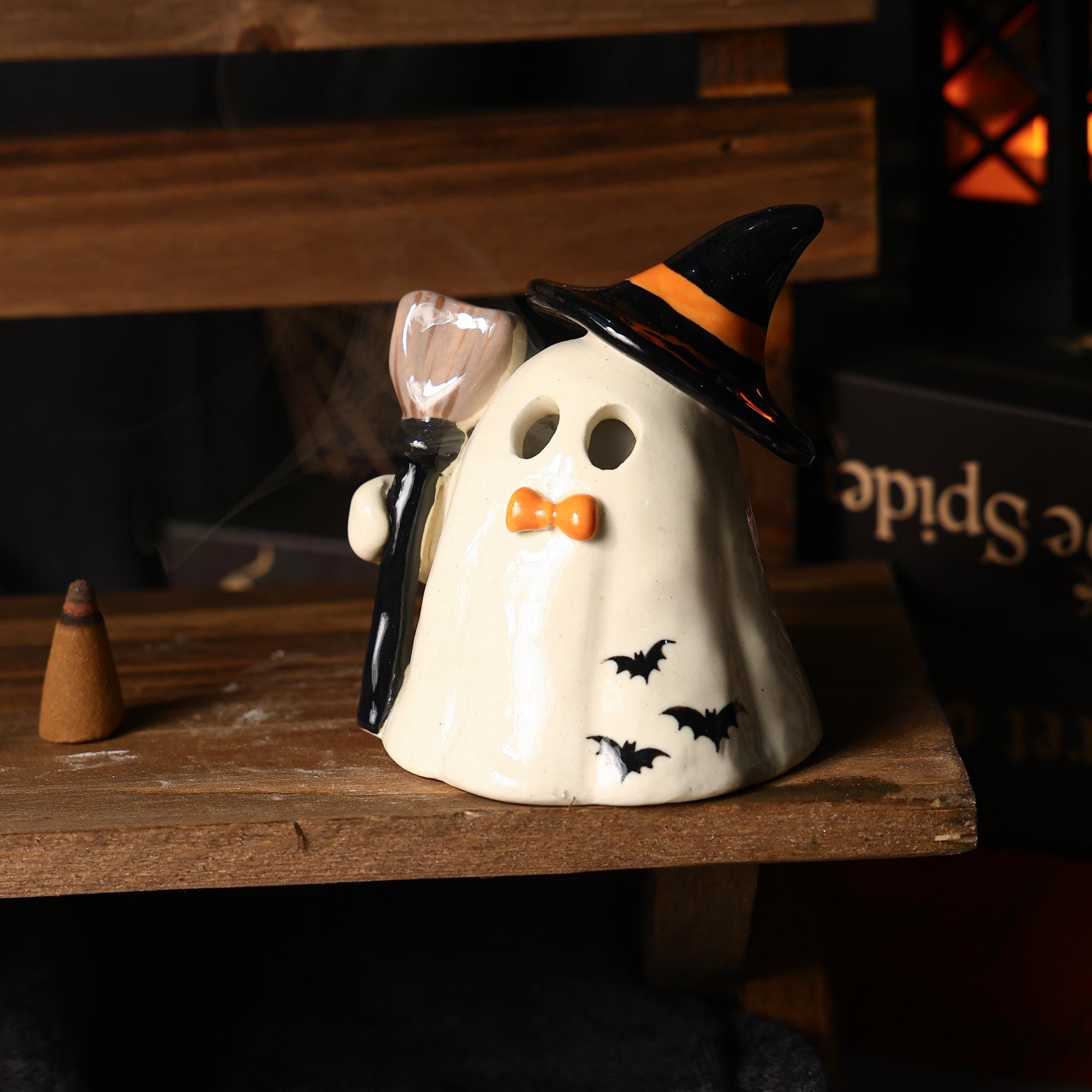 Hand Painted Witch Ghost Ceramic Figurine Tea Light Holder Halloween Candle Holder Unique Gift Table Decor Incense Burner Spooky Decoration