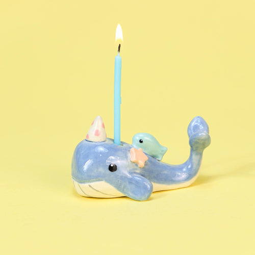 Blue Whale Cake Topper Cute Party Birthday Candle Holder Ceramic Ocean Sea Party Hat Animal Celebration Gift Hand-painted Animal Sculpture