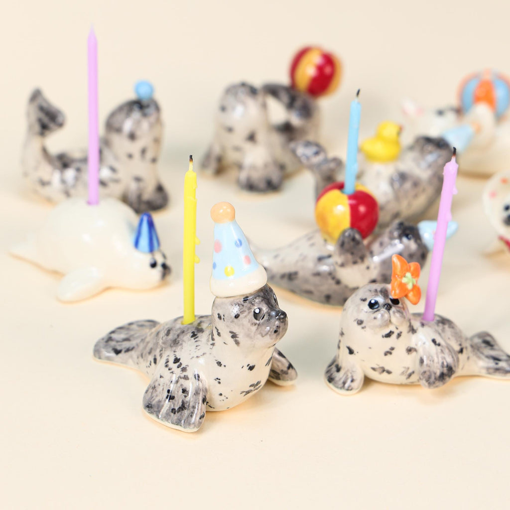 Handmade Spotted Seal Ceramic Cake Topper Party Hat Candle Holder Topper Housewarming Gift Small Colorful Ball Ornament Cute Home Decor