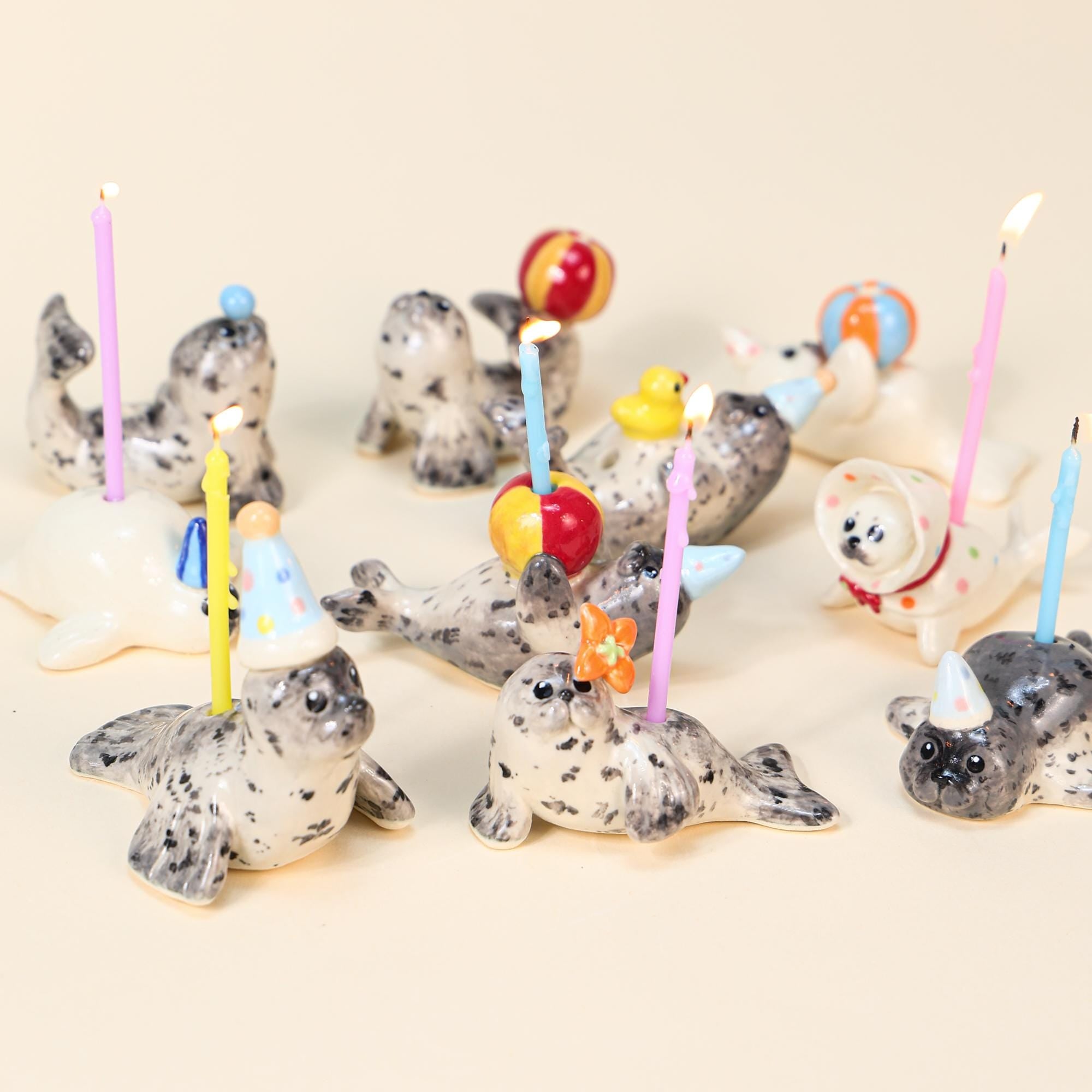 Handmade Spotted Seal Ceramic Cake Topper Party Hat Candle Holder Topper Housewarming Gift Small Colorful Ball Ornament Cute Home Decor