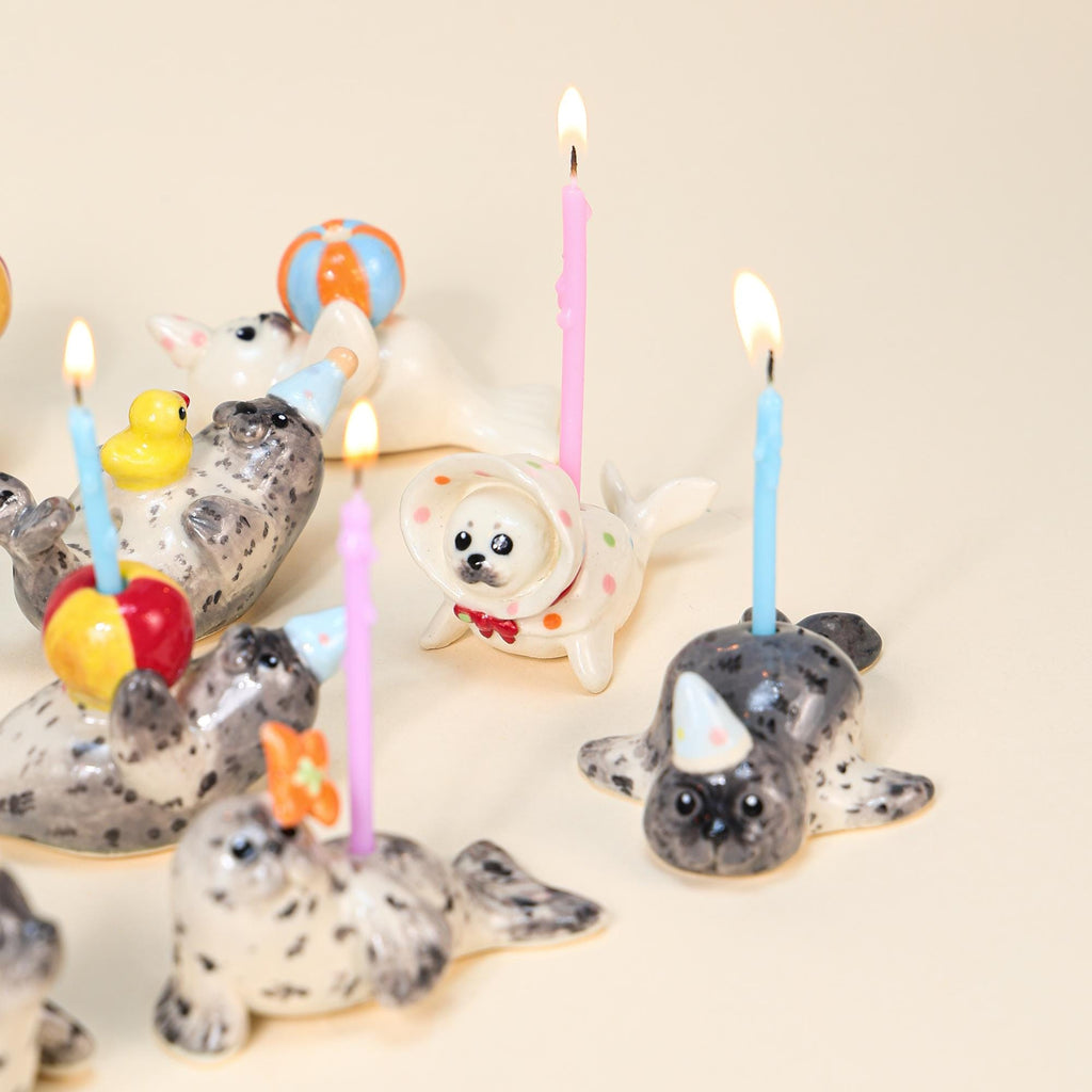 Handmade Spotted Seal Ceramic Cake Topper Party Hat Candle Holder Topper Housewarming Gift Small Colorful Ball Ornament Cute Home Decor