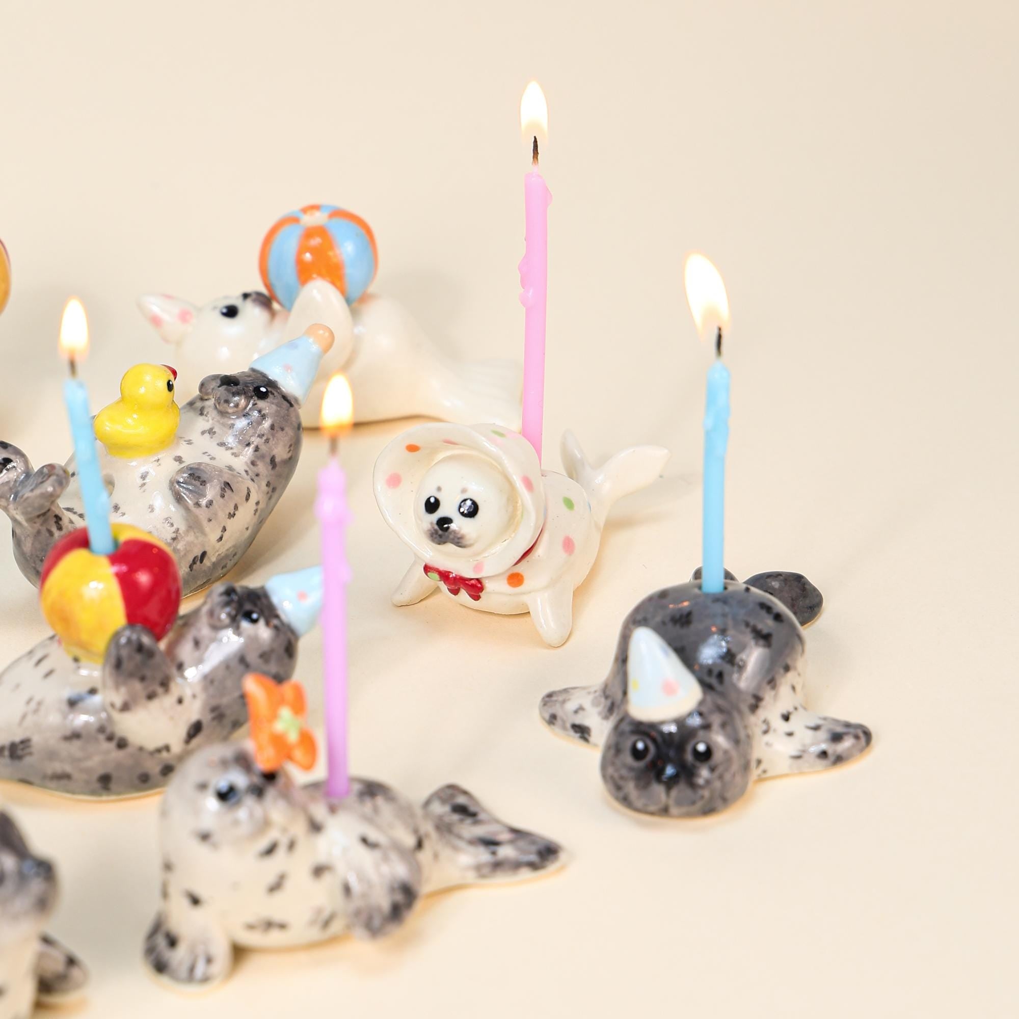 Handmade Spotted Seal Ceramic Cake Topper Party Hat Candle Holder Topper Housewarming Gift Small Colorful Ball Ornament Cute Home Decor
