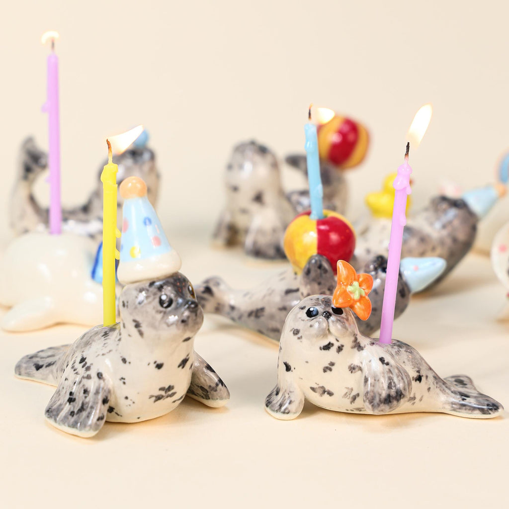 Handmade Spotted Seal Ceramic Cake Topper Party Hat Candle Holder Topper Housewarming Gift Small Colorful Ball Ornament Cute Home Decor