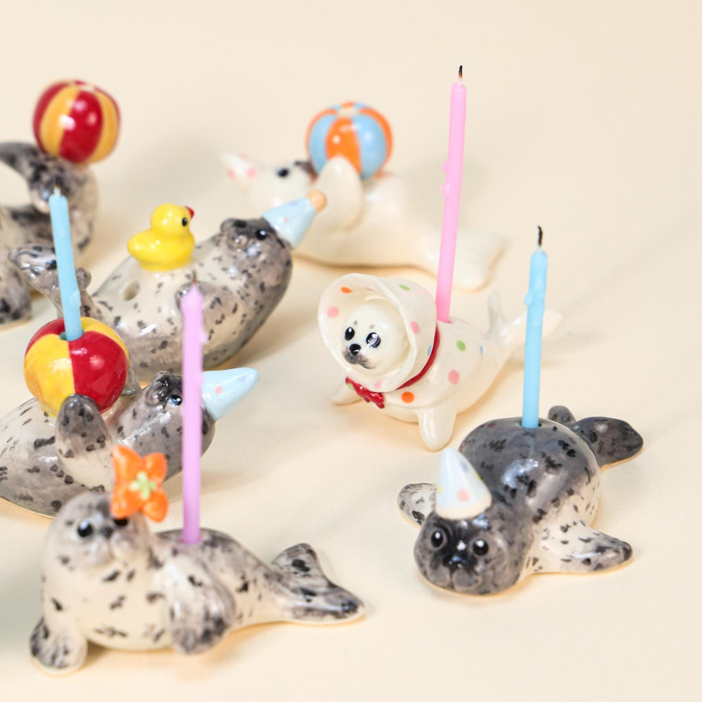 Handmade Spotted Seal Ceramic Cake Topper Party Hat Candle Holder Topper Housewarming Gift Small Colorful Ball Ornament Cute Home Decor