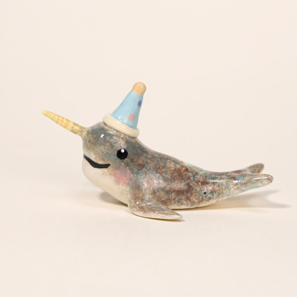 Happy Birthday Narwhal Candle Holder Ceramic Cake Topper Cute Animal Figurine with Party Hat Reusable Wish Candle Stand Gift for Kids