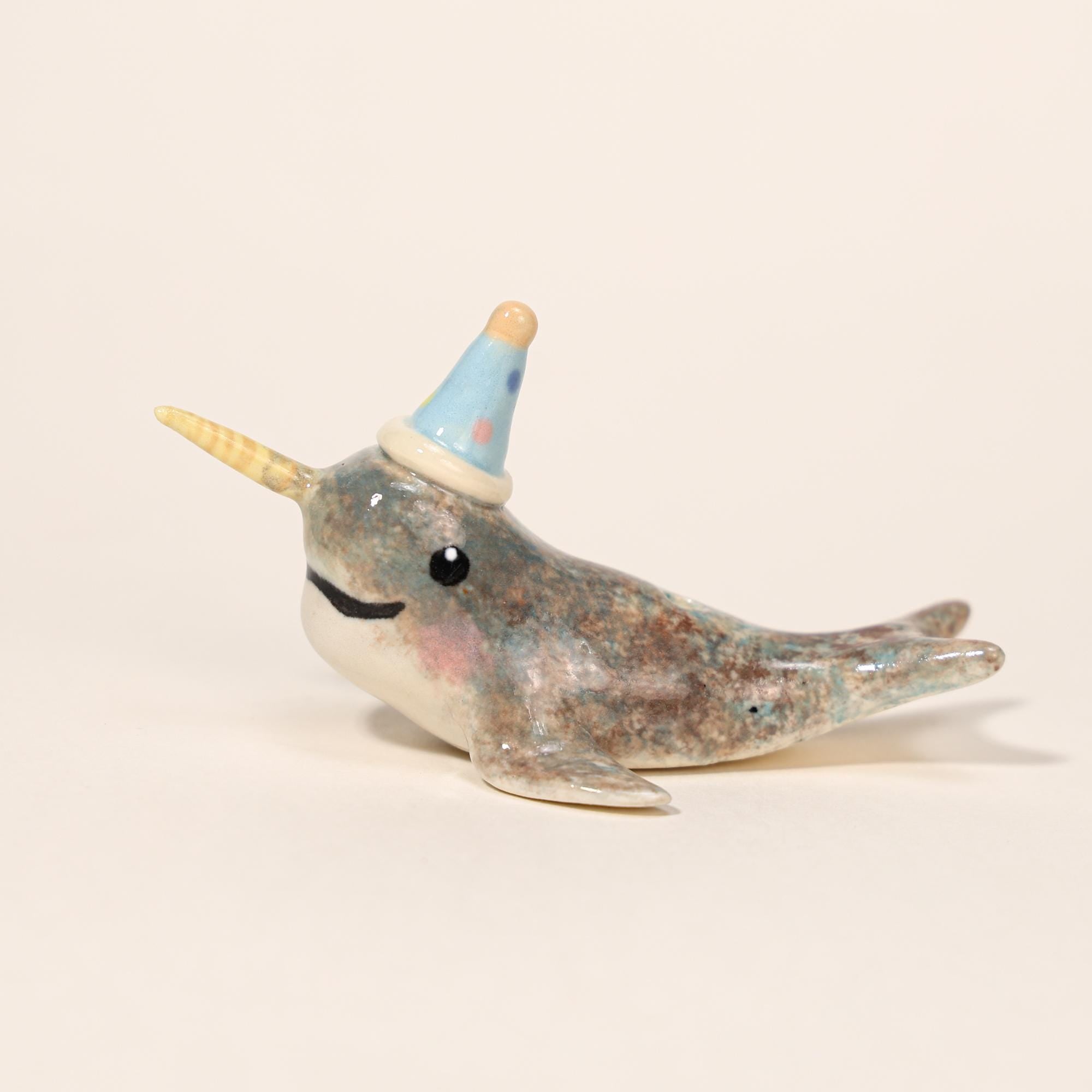Happy Birthday Narwhal Candle Holder Ceramic Cake Topper Cute Animal Figurine with Party Hat Reusable Wish Candle Stand Gift for Kids