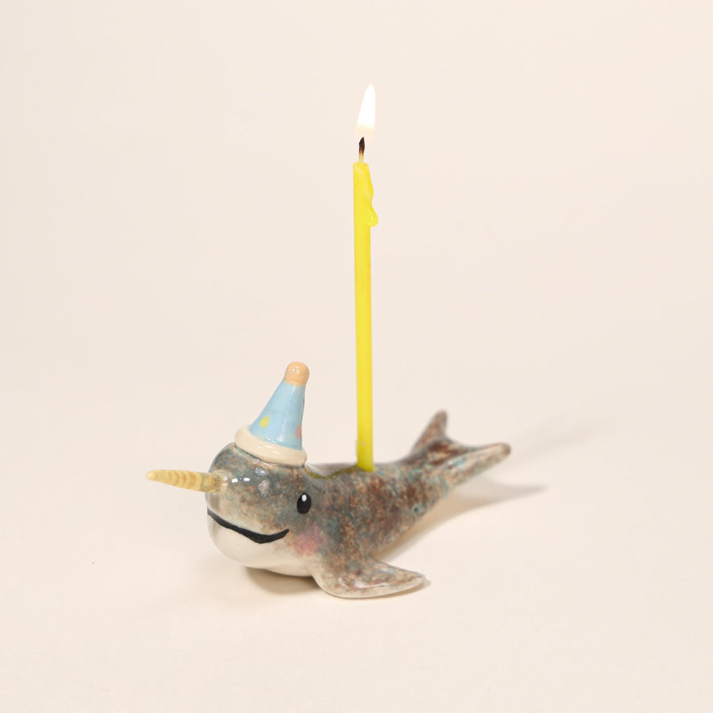 Happy Birthday Narwhal Candle Holder Ceramic Cake Topper Cute Animal Figurine with Party Hat Reusable Wish Candle Stand Gift for Kids