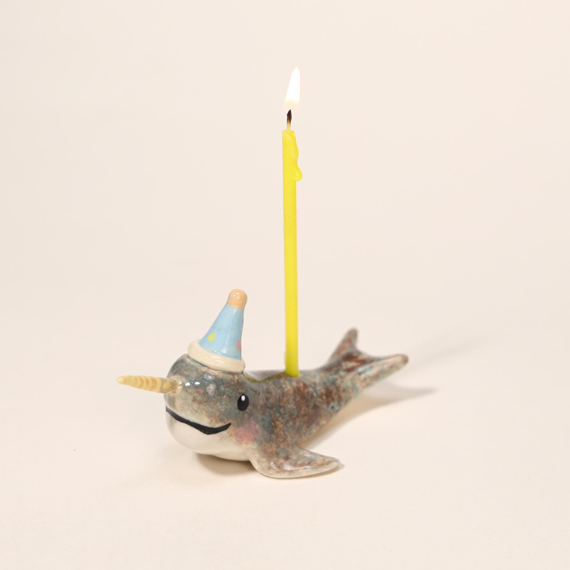 Happy Birthday Narwhal Candle Holder Ceramic Cake Topper Cute Animal Figurine with Party Hat Reusable Wish Candle Stand Gift for Kids