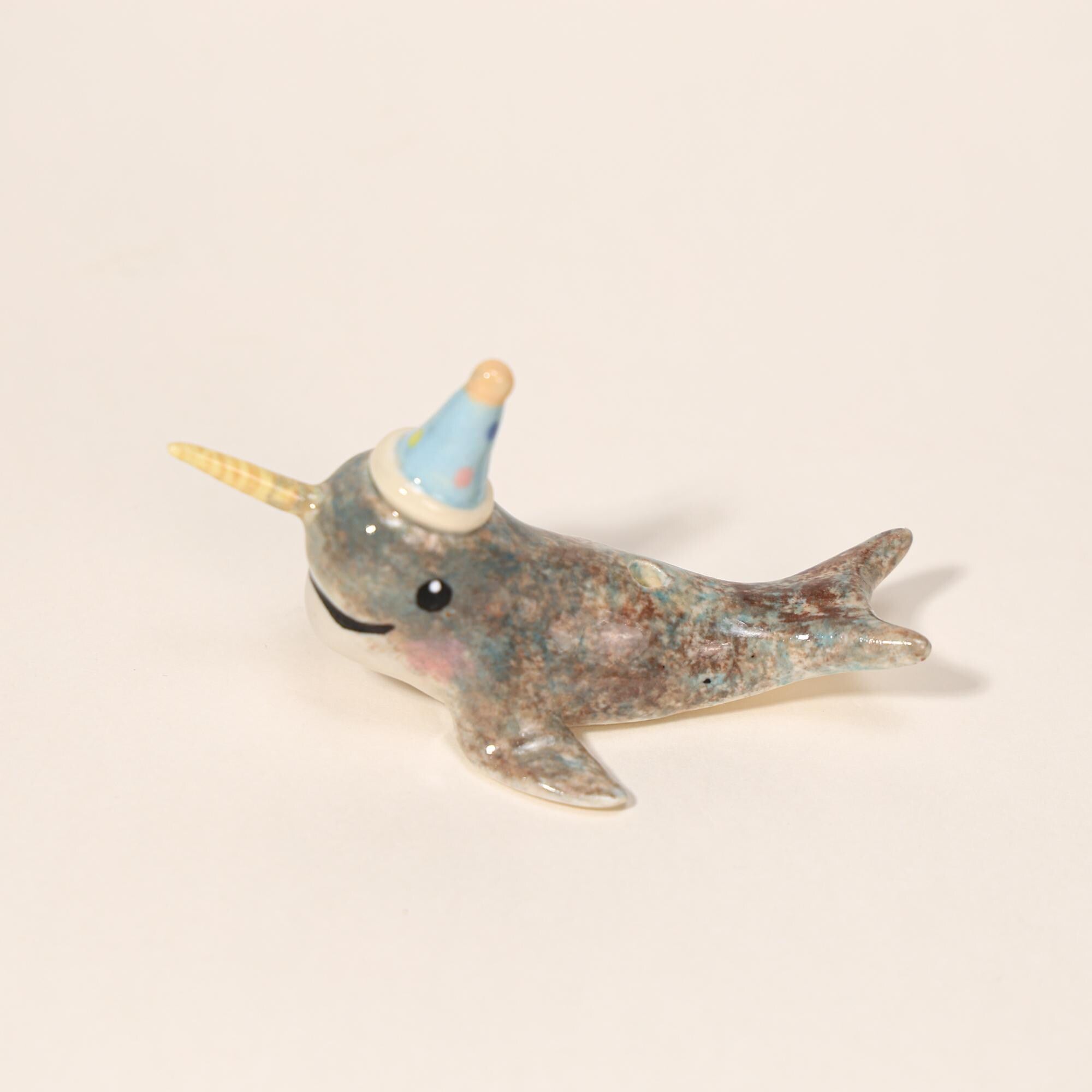 Happy Birthday Narwhal Candle Holder Ceramic Cake Topper Cute Animal Figurine with Party Hat Reusable Wish Candle Stand Gift for Kids
