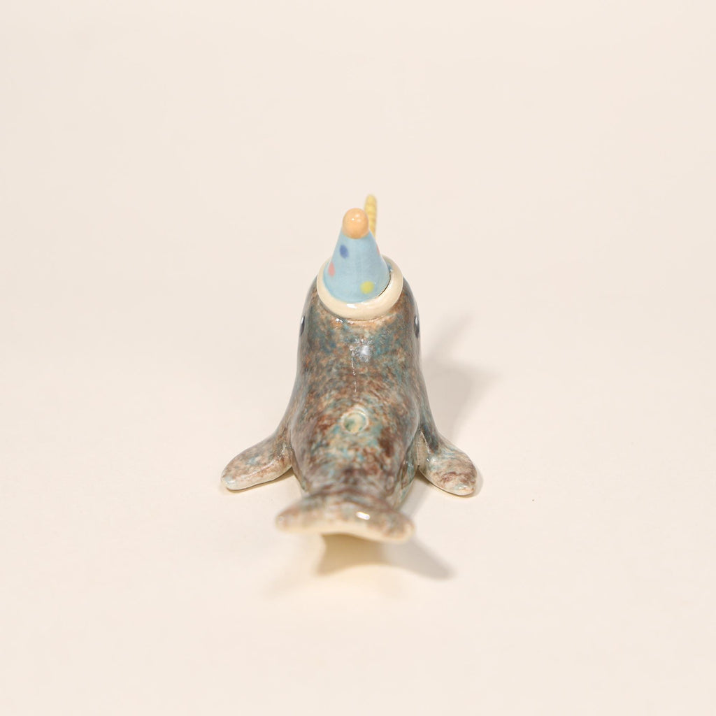 Happy Birthday Narwhal Candle Holder Ceramic Cake Topper Cute Animal Figurine with Party Hat Reusable Wish Candle Stand Gift for Kids