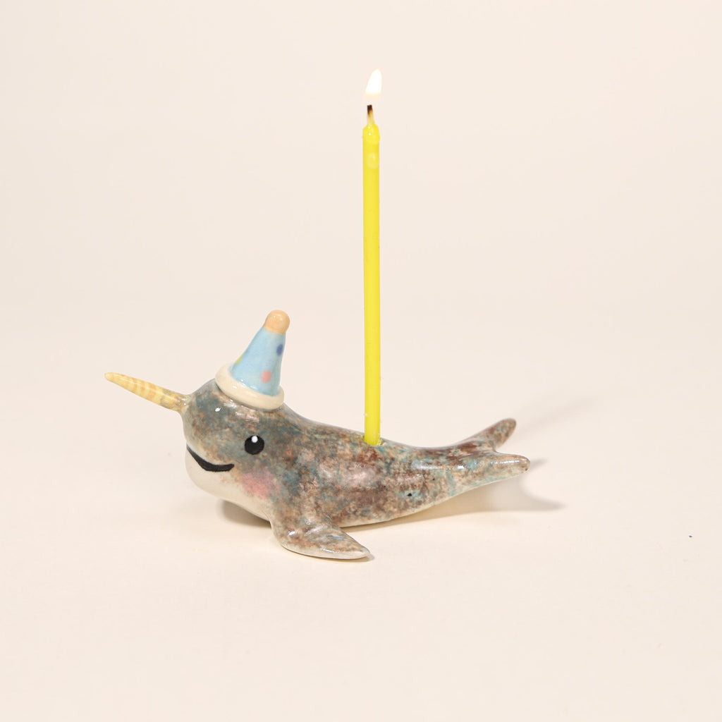 Happy Birthday Narwhal Candle Holder Ceramic Cake Topper Cute Animal Figurine with Party Hat Reusable Wish Candle Stand Gift for Kids