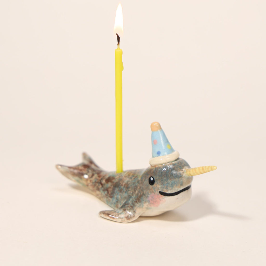 Happy Birthday Narwhal Candle Holder Ceramic Cake Topper Cute Animal Figurine with Party Hat Reusable Wish Candle Stand Gift for Kids