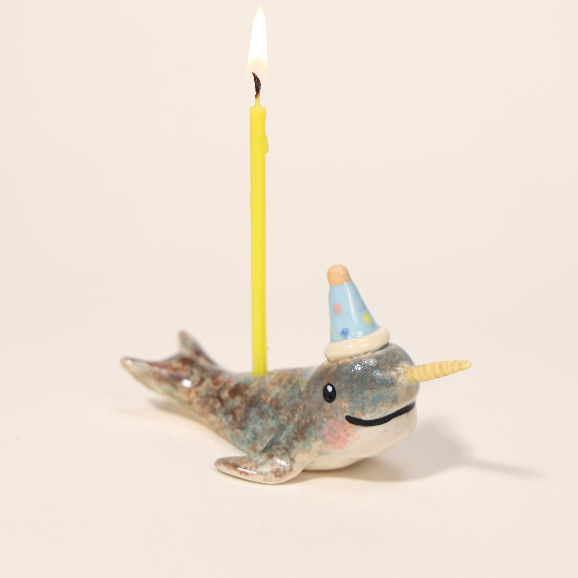 Happy Birthday Narwhal Candle Holder Ceramic Cake Topper Cute Animal Figurine with Party Hat Reusable Wish Candle Stand Gift for Kids