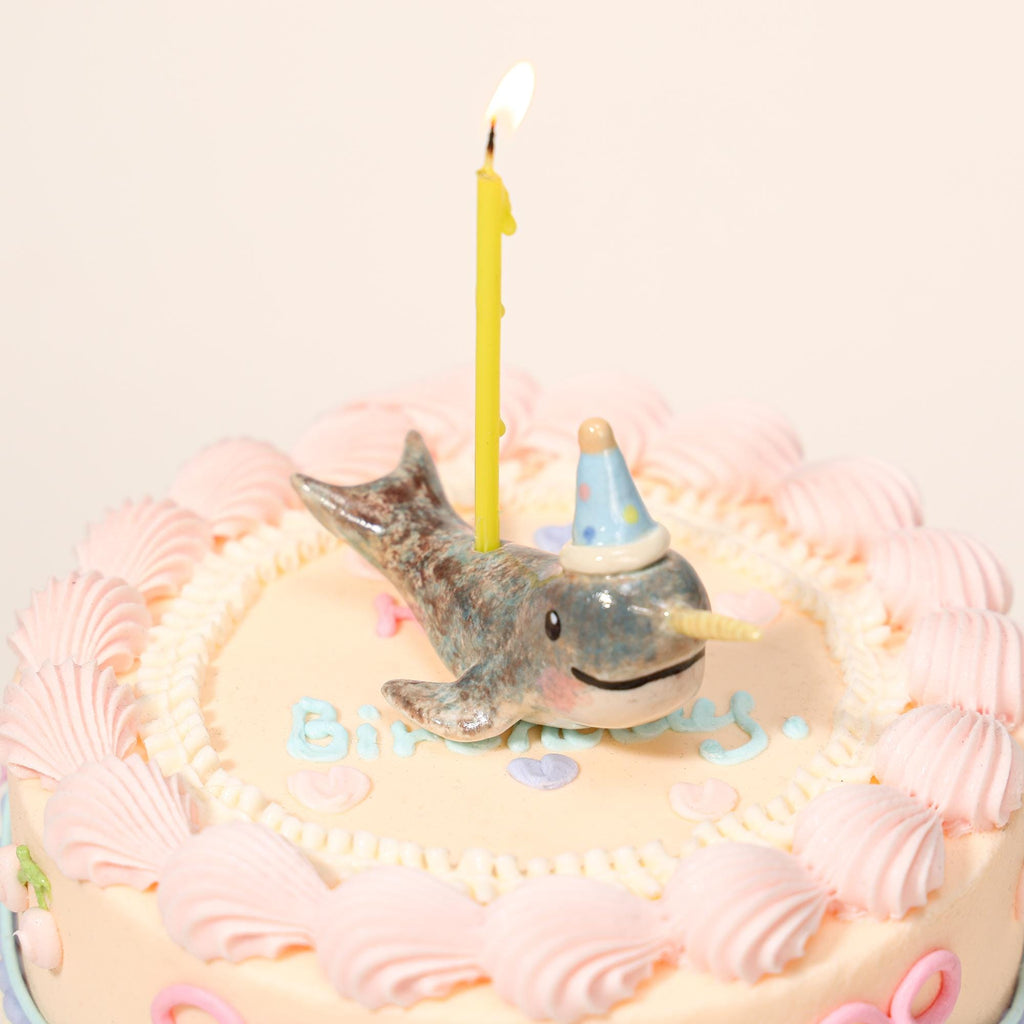 Happy Birthday Narwhal Candle Holder Ceramic Cake Topper Cute Animal Figurine with Party Hat Reusable Wish Candle Stand Gift for Kids