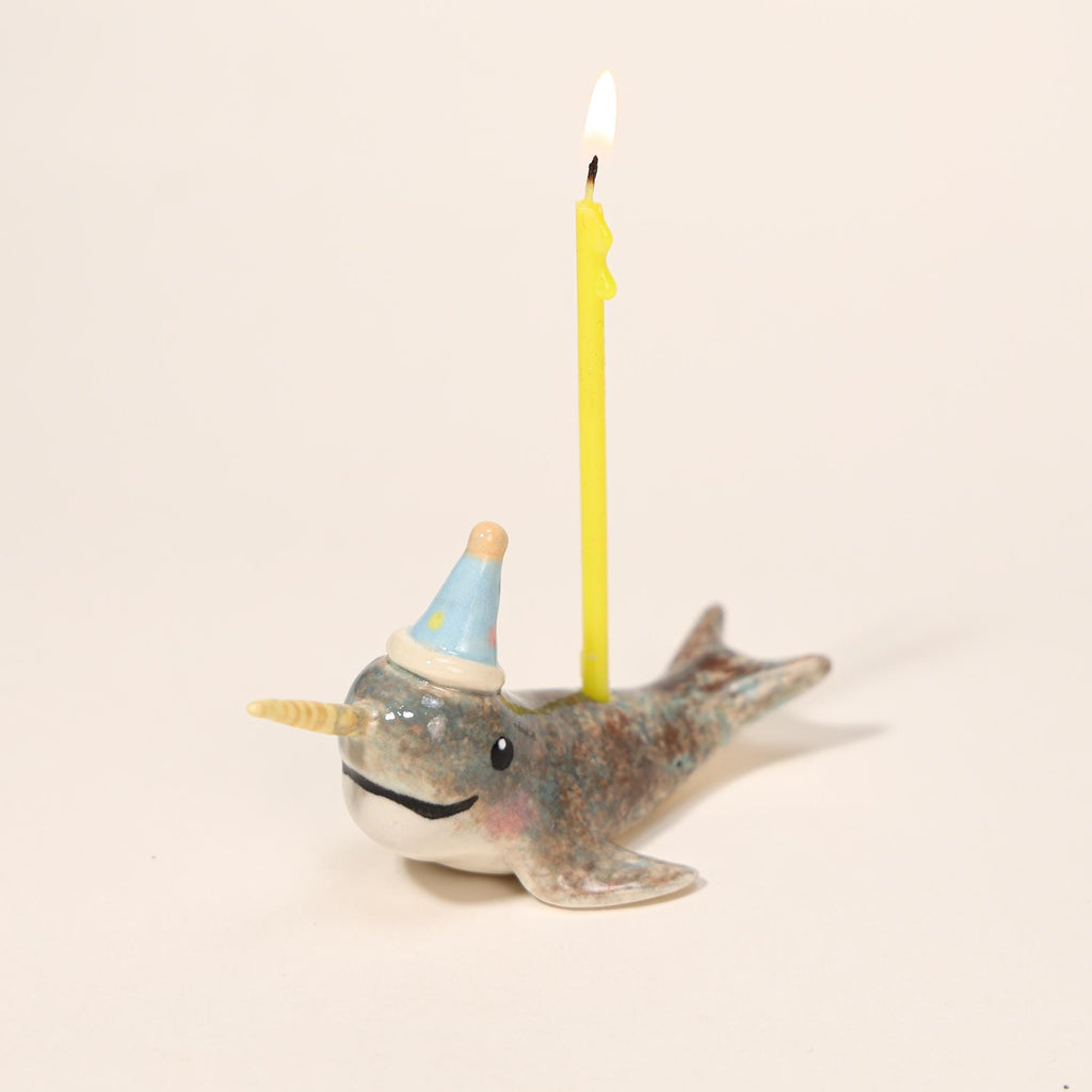 Happy Birthday Narwhal Candle Holder Ceramic Cake Topper Cute Animal Figurine with Party Hat Reusable Wish Candle Stand Gift for Kids