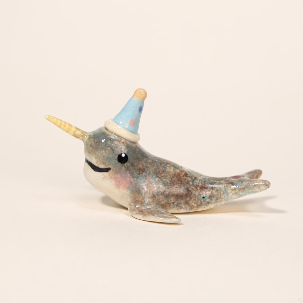 Happy Birthday Narwhal Candle Holder Ceramic Cake Topper Cute Animal Figurine with Party Hat Reusable Wish Candle Stand Gift for Kids