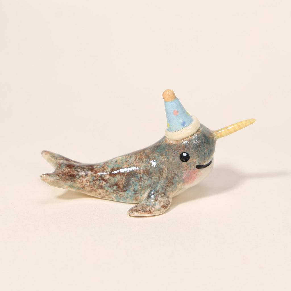 Happy Birthday Narwhal Candle Holder Ceramic Cake Topper Cute Animal Figurine with Party Hat Reusable Wish Candle Stand Gift for Kids