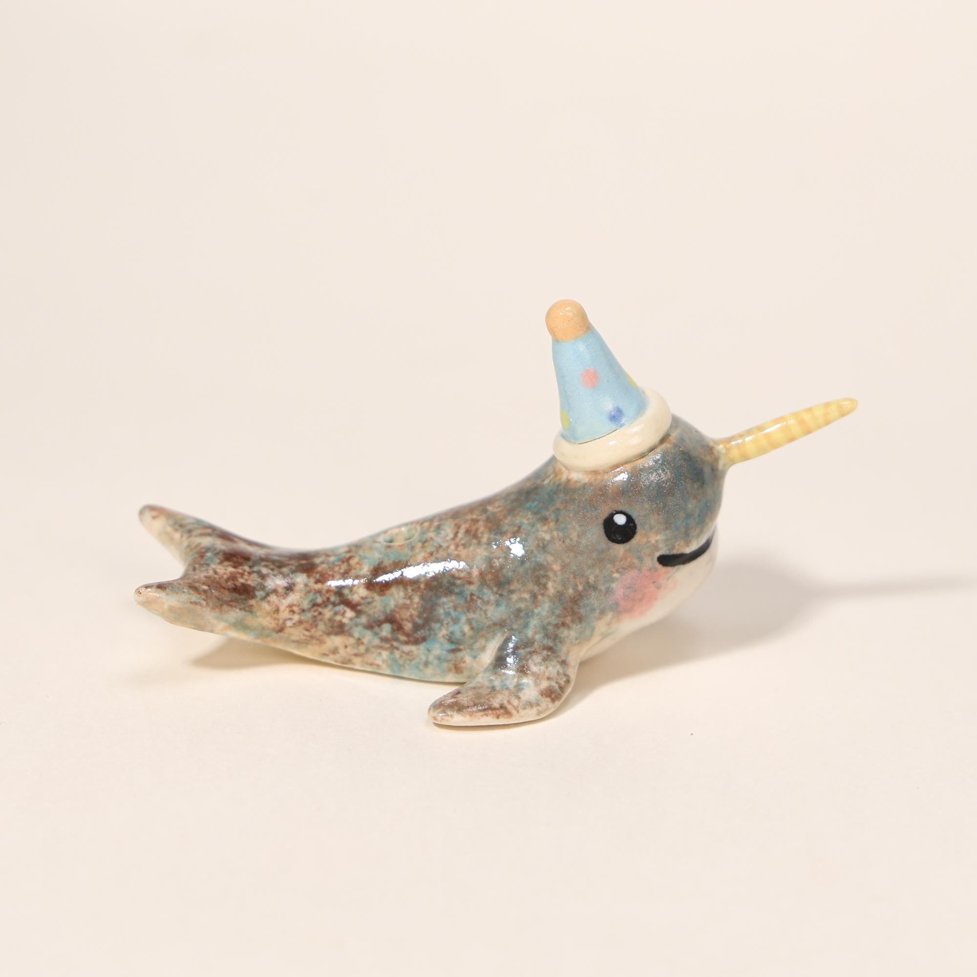 Happy Birthday Narwhal Candle Holder Ceramic Cake Topper Cute Animal Figurine with Party Hat Reusable Wish Candle Stand Gift for Kids