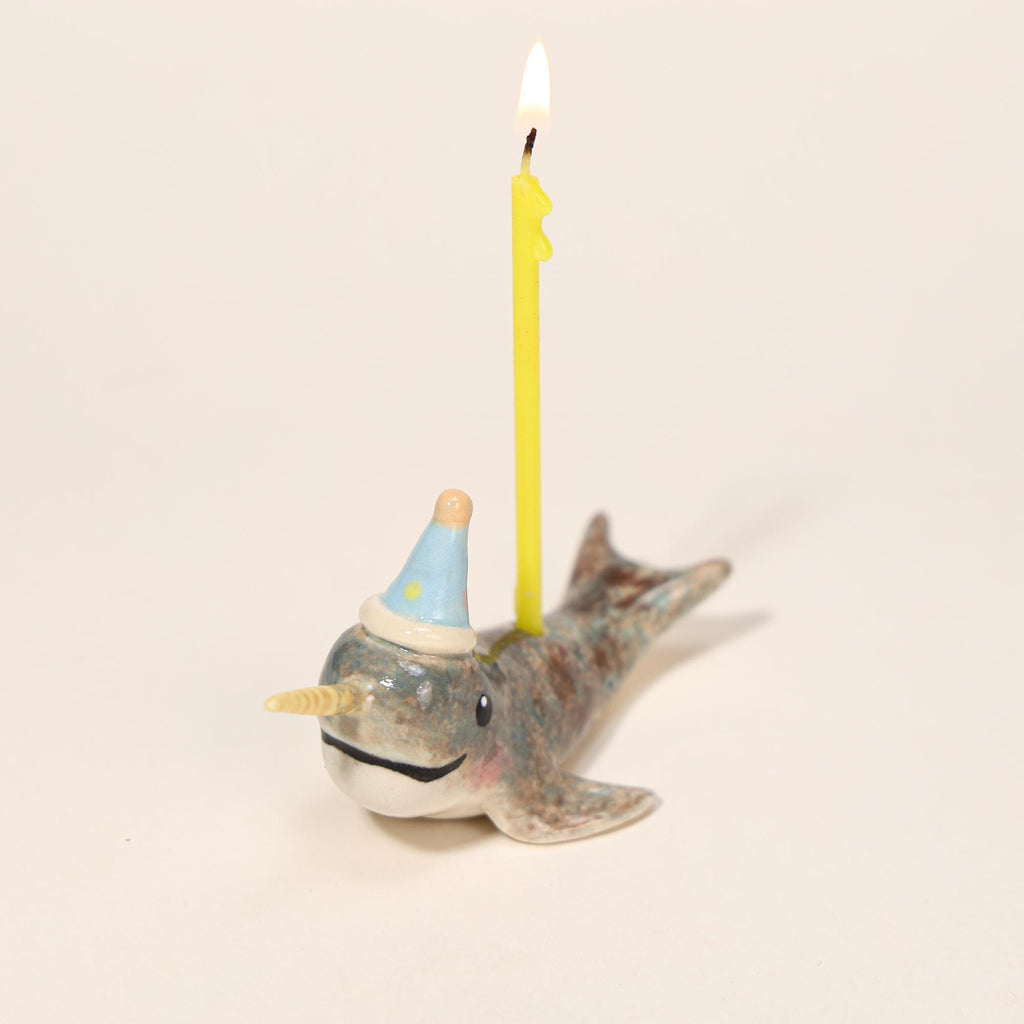 Happy Birthday Narwhal Candle Holder Ceramic Cake Topper Cute Animal Figurine with Party Hat Reusable Wish Candle Stand Gift for Kids