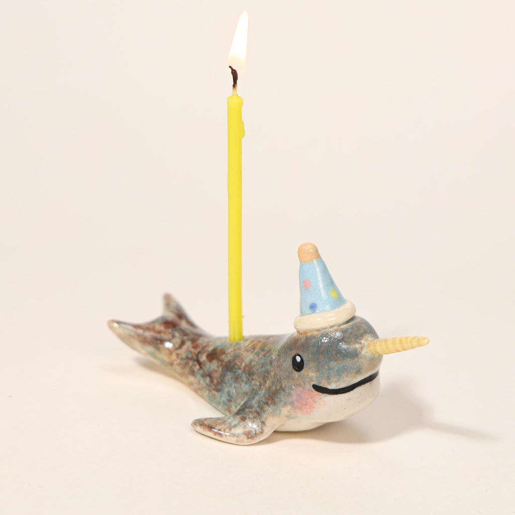 Happy Birthday Narwhal Candle Holder Ceramic Cake Topper Cute Animal Figurine with Party Hat Reusable Wish Candle Stand Gift for Kids