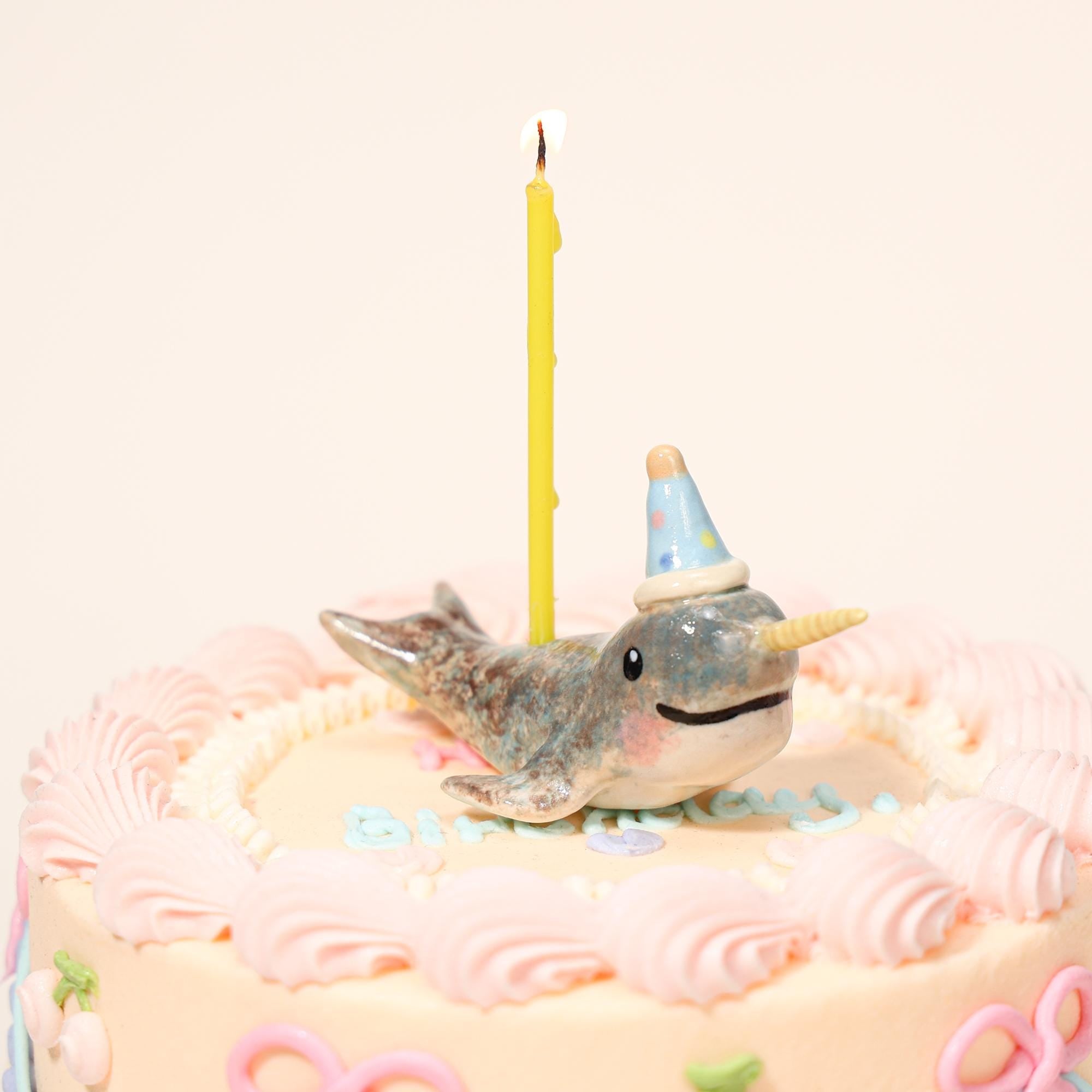 Happy Birthday Narwhal Candle Holder Ceramic Cake Topper Cute Animal Figurine with Party Hat Reusable Wish Candle Stand Gift for Kids