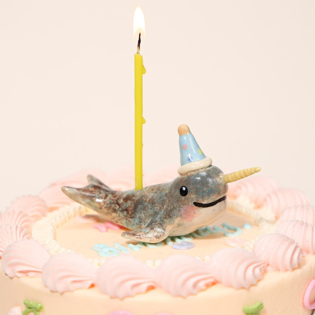 Happy Birthday Narwhal Candle Holder Ceramic Cake Topper Cute Animal Figurine with Party Hat Reusable Wish Candle Stand Gift for Kids