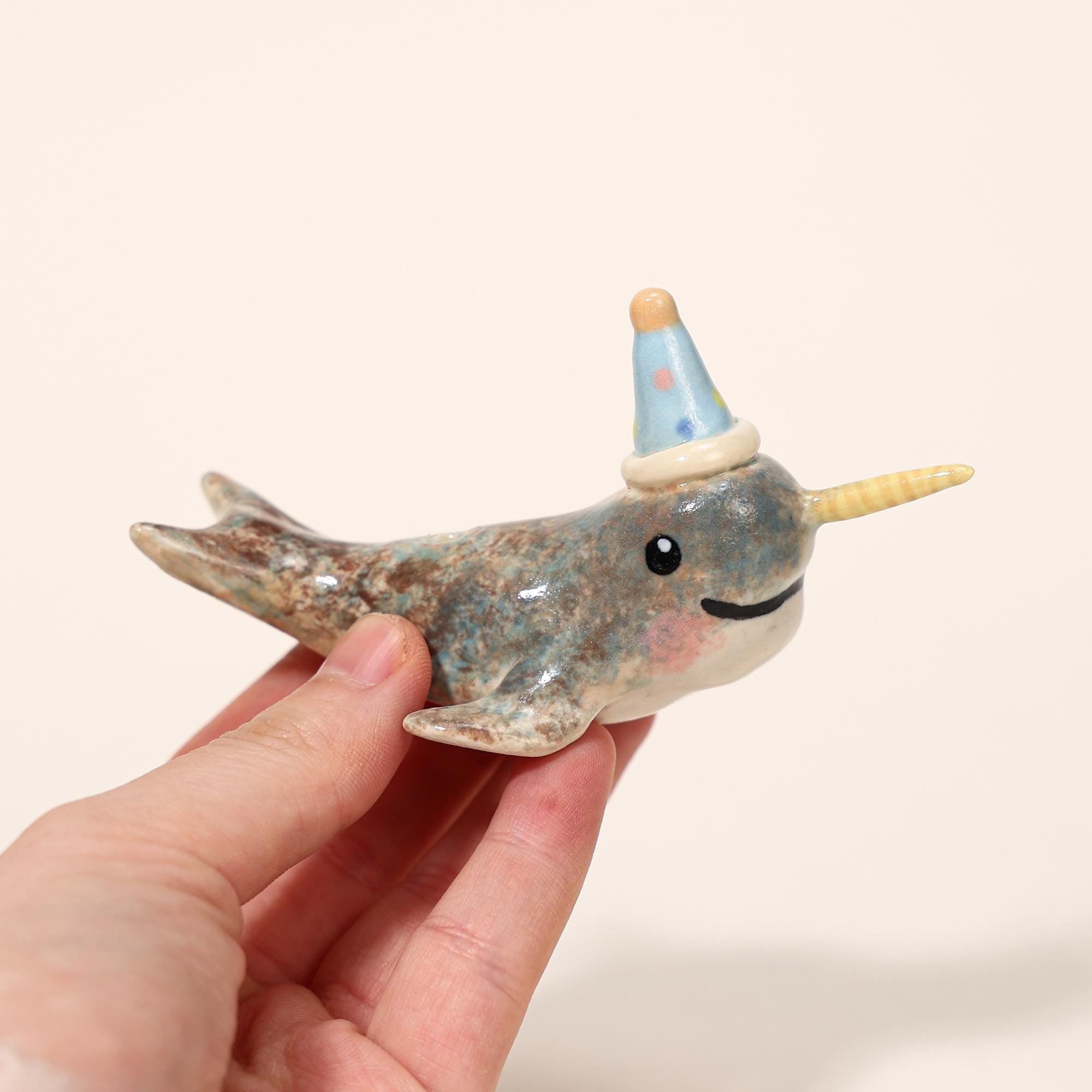 Happy Birthday Narwhal Candle Holder Ceramic Cake Topper Cute Animal Figurine with Party Hat Reusable Wish Candle Stand Gift for Kids